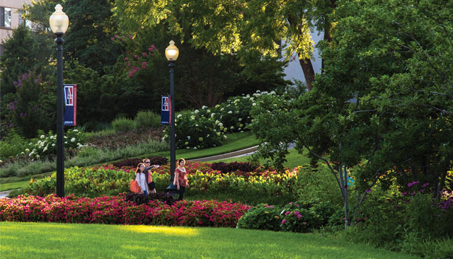 AU campus with lush greenery and abundant flora
