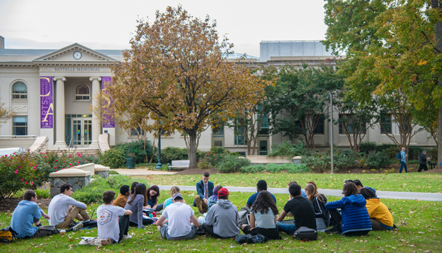 Students on quad in front of Battelle Building