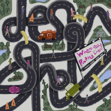 Illustration of road map with cars, buses, and trucks, with caption 'where our paths cross'