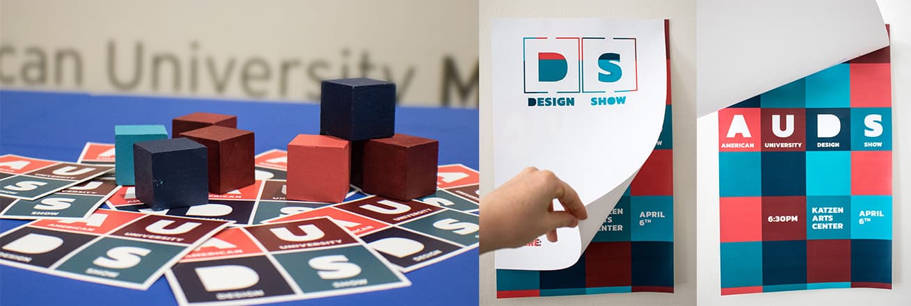 AU Design Show blocks, stickers, and program