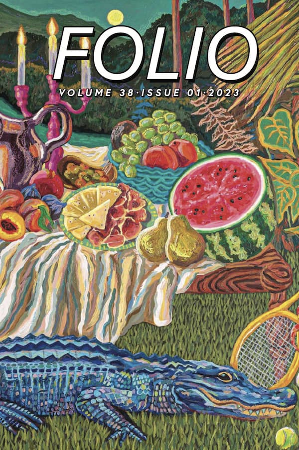 Folio 38:1 journal cover showing an outdoor banquet with fresh food and an alligator.