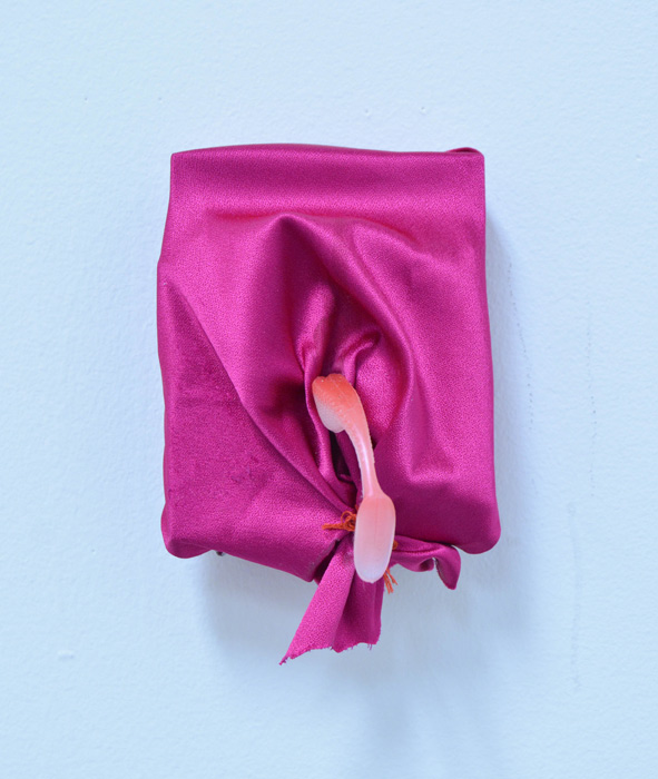 Fuscia fabric with salmon-colored phallic object on blue background