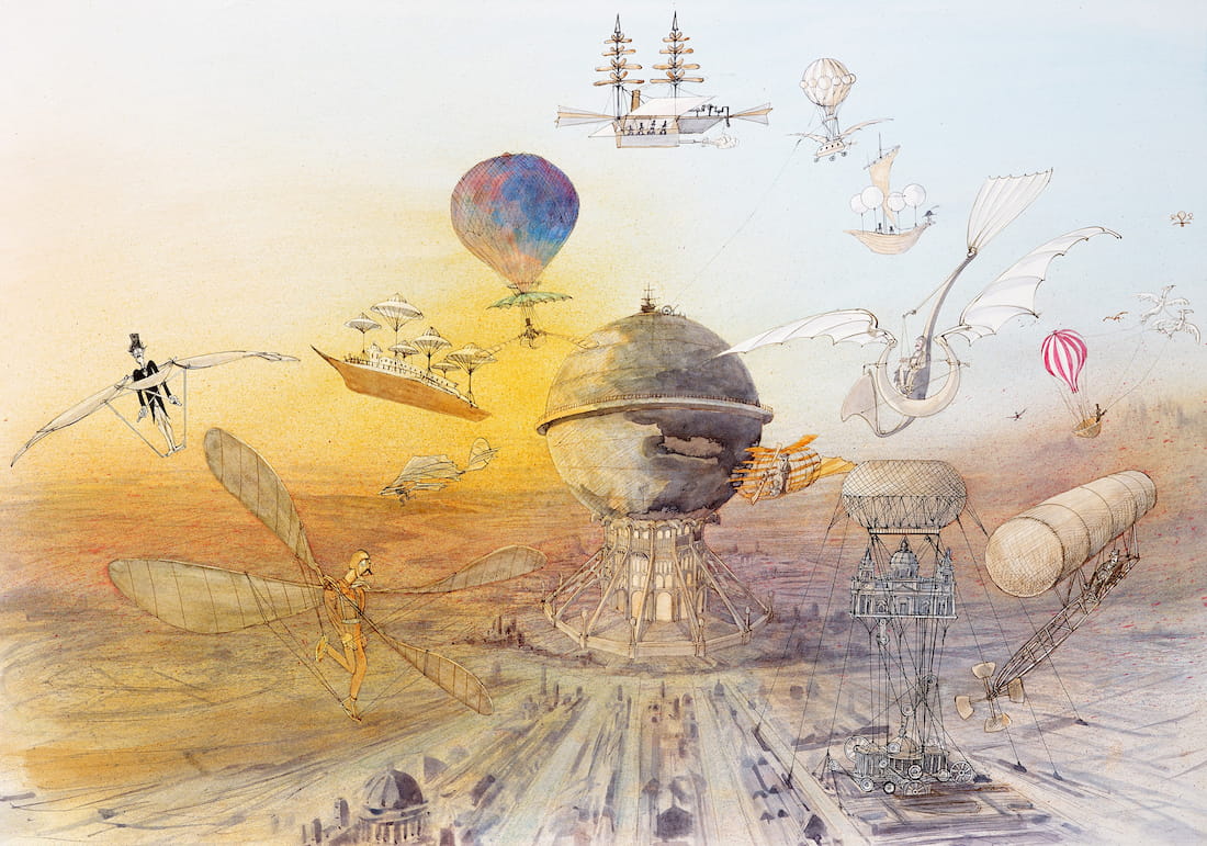 Whimsical flying ships, hot air balloons, flying houses, and people with mechanical wings convene around a large globe structure. Whimsical flying ships, hot air balloons, flying houses, and people with mechanical wings convene around a large globe structure.