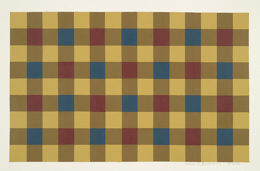 Otho Branson, 2006-07-16, 2006. Gingham-like pattern of squares; mustard yellow stripes intersect in red and blue squares. 