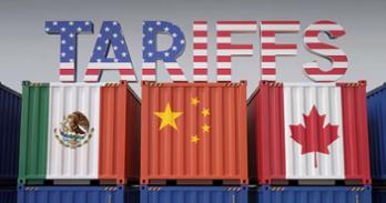 Three dimensional block letters that spell 'tariffs' and are colored to resemble the US flag sitting atop three shipping containers styled to resemble the Mexican, Chinese, and Canadian flags.