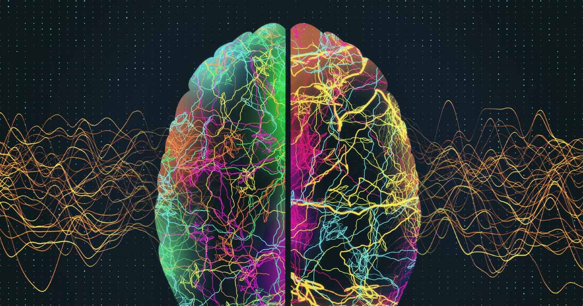 Colorful stylized visualization of the brain and brainwaves
