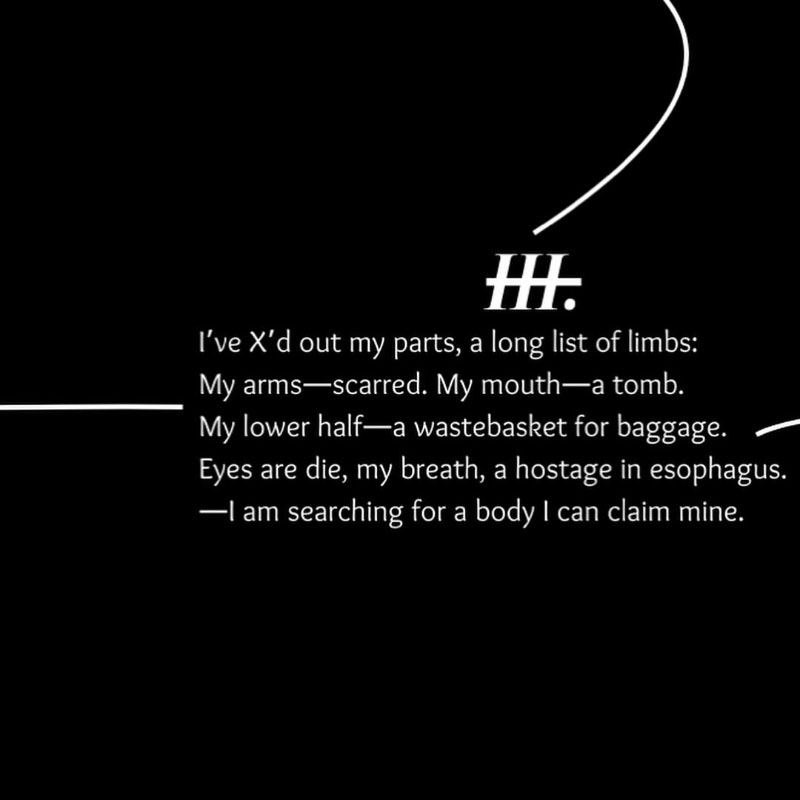 III. I've X'd out my parts, a long list of limbs: My arms-scarred. My mouth—a tomb. My lower half—a wastebasket for baggage. Eyes are die, my breath, a hostage in esophagus. -I am searching for a body I can claim mine.