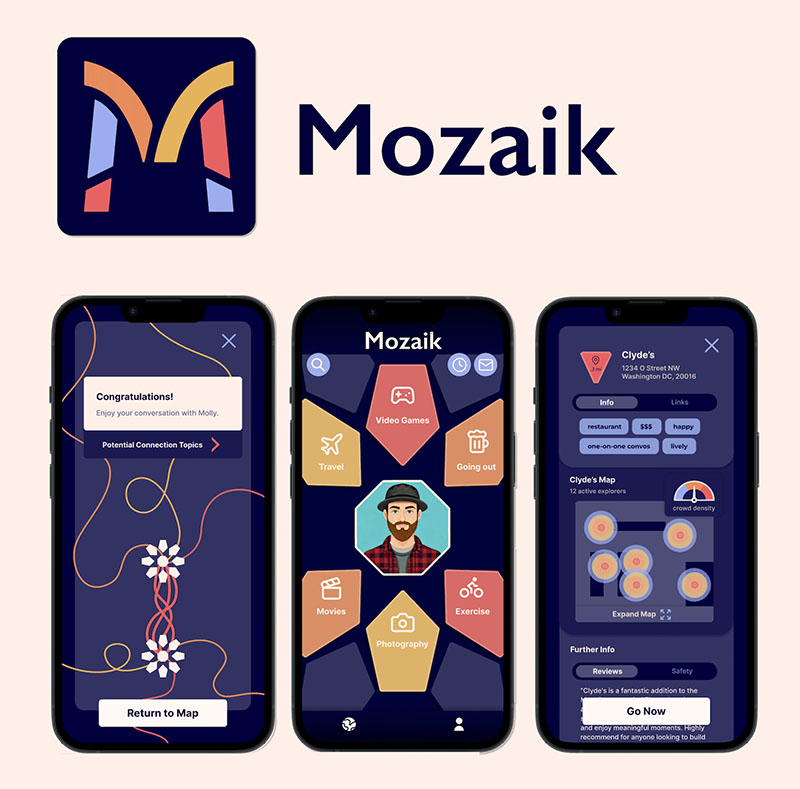 Screens from Mozaik: A conversation confirmation with suggested topics, a profile with interests, and a map of users at a meetup at Clyde's. 