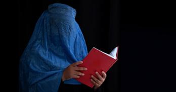 Person in blue veil reading a red book.