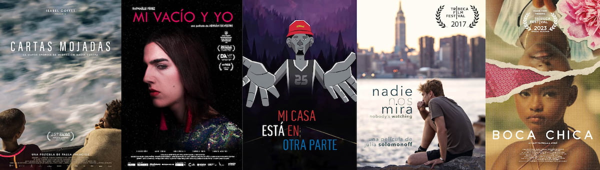 Spanish Film Festival films; from left to right: Cartas mojadas, Mi vacío y yo, Mi casa está en otra parte, Nadie nos mira, Boca Chica