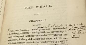 Ink markings appear in the first chapter of the rare 1853 edition copy of "The Whale"—definitively titled "Moby-Dick."