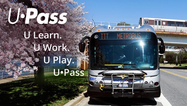 Metrobus driving, with metro train on bridge in background. Overlaid text reads: U-Pass. U Learn. U work. U play. U-Pass