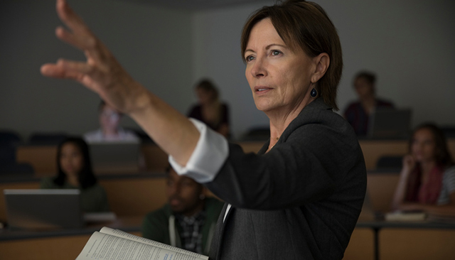 Female faculty teaching in lecture hall