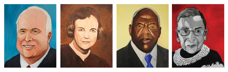portraits of McCain, O'Connor, Lewis, and Ginsburg