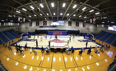 Wide-angle shot of an empty arena during AU's first men's basketball home game