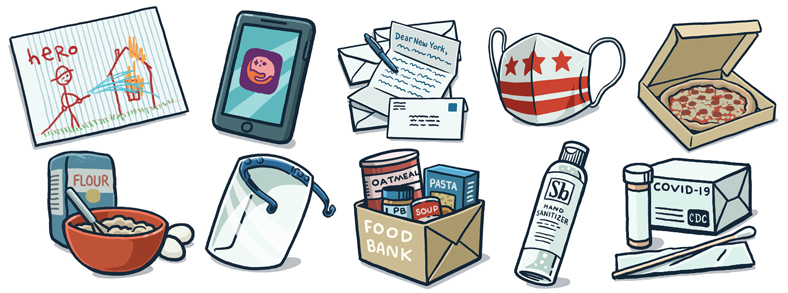 face masks, takeout food, hand sanitizer, letters, and a COVID-19 test