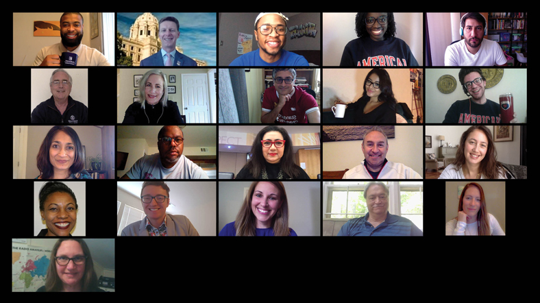 twenty members of the AU community participate in a Zoom call