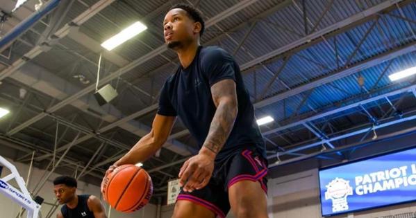 Colin Smalls warms up before a Patriot League tournament game. Photo courtesy of AU Athletics. 