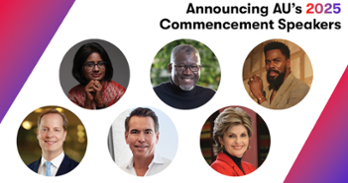 headshots of AU's six 2025 commencement speakers