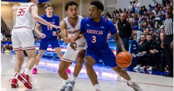 Colin Smalls drives toward the hoop during a game earlier this season against Harvard. Photo courtesy of AU Athletics.
