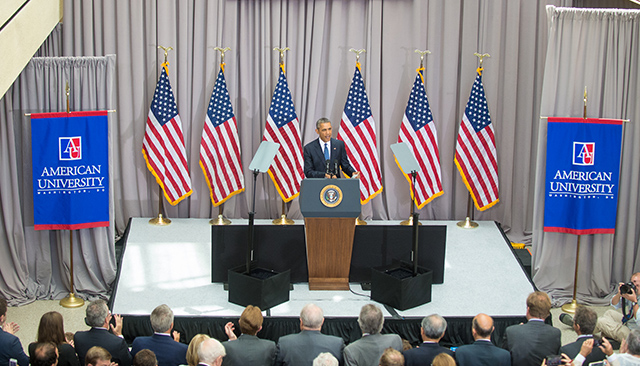 President Obama delivers remarks in AU's School of International Service.