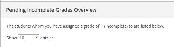 Pending Incomplete Grades Overview. The students whom you have assigned a grade of 'I' (Incomplete) to are listed below. Show 10 entries.