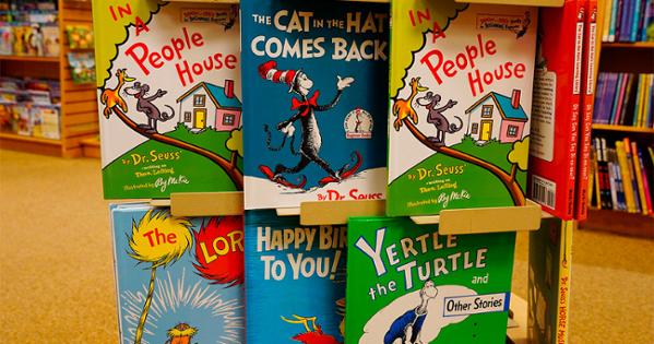 A picture of Dr. Seuss books on a shelf