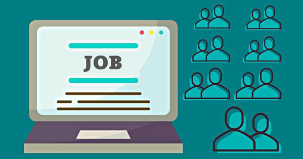 a computer with the word job on it and several people on the side