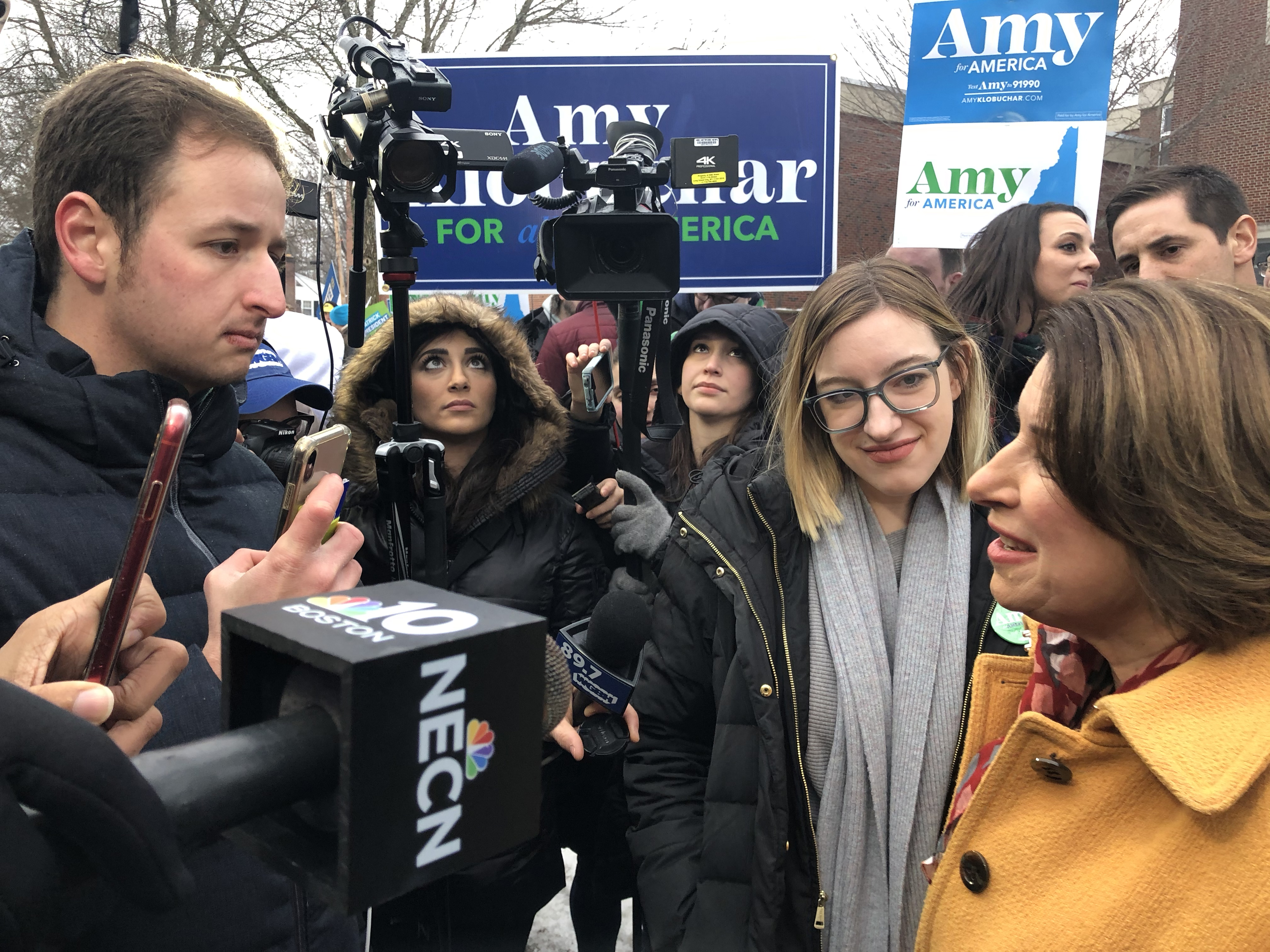 nhprimaries_amy klobuchar SOC student Robbie Heilberg (far left) asks Sen. Amy Klobuchar Tuesday about her chances in New Hampshire’s primary, Tuesday in Manchester, New Hampshire.