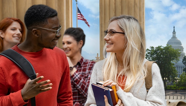 Students talking on washington mall