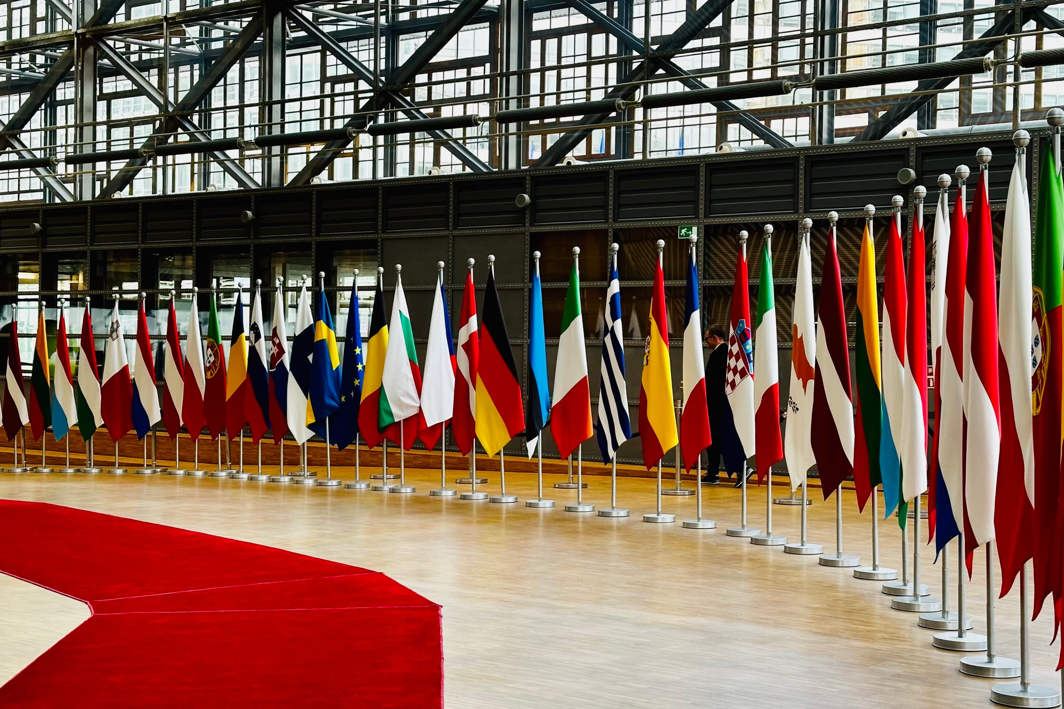 Row of EU flags standing next to each other