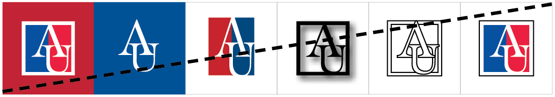 all improper usage of the au icon and logo, colored icon on red, AU letters outside of icon, stretched icon, drop shadow applied to icon, icon turned into outlines, a border on the au icon. all improper usage of the au icon and logo, colored icon on red, AU letters outside of icon, stretched icon, drop shadow applied to icon, icon turned into outlines, a border on the au icon.