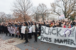 An American University student-led demonstration was held on the steps of Mary Graydon Student Center. Signs included “Stand with the People of Ferguson,” and the popular “Black Lives Matter.”