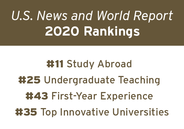 US News and World Report 2020 Rankings. #11 Study Abroad, #25 Undergraduate Teaching, #43 First-Year Experience, #35 Top Innovative Universities.